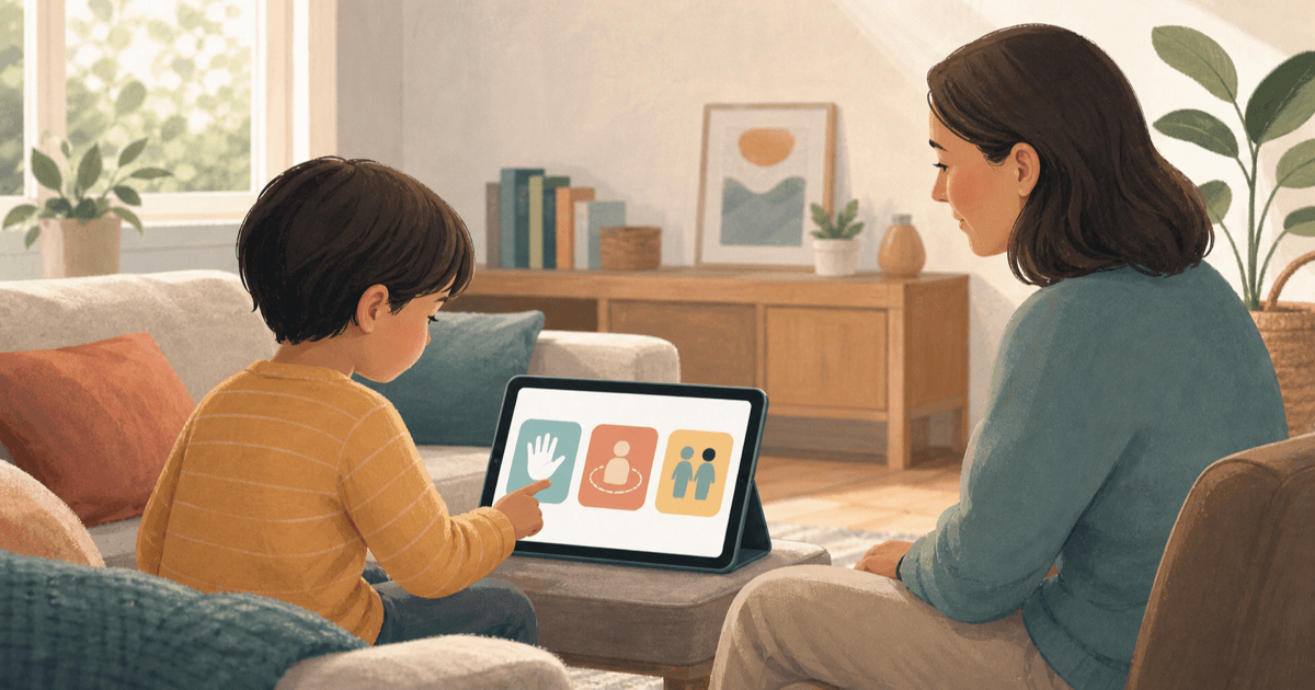 Illustration of a child choosing a visual communication symbol while a caregiver waits nearby